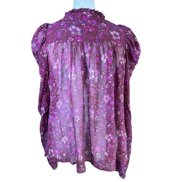 Ulla Johnson Blouse Size Medium Floral Print Tie Neck Ruffle Silk Magenta Pink - Picture 5 of 9